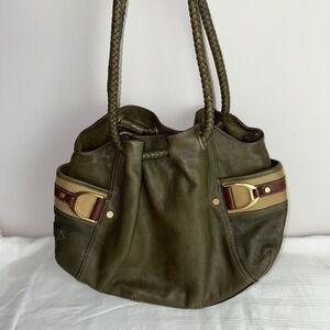 Cole Haan Olive Green Leather Bucket Bag Braided Handles Satchel Purse